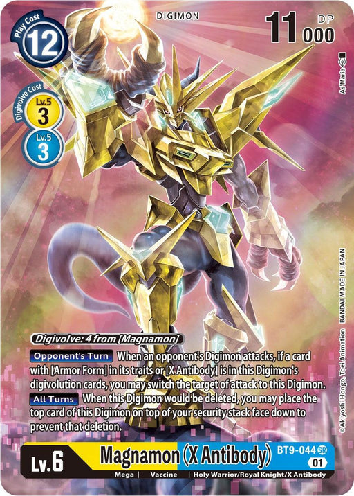 A Digimon Magnamon (X Antibody) [BT9-044] (Alternate Art) [X Record] card displaying Magnamon (X Antibody), with key stats: Play Cost 12, DP 11,000, Digivolution Costs 3 from Lv. 5 and Lv. 3. Magnamon is depicted as a powerful armored figure with golden armor and wings, in a dynamic pose on a radiant pink background. The card includes special abilities and effects.