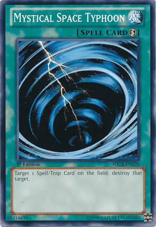 A "Mystical Space Typhoon [SDCR-EN026] Common" Yu-Gi-Oh! Quick Play Spell Card with a blue-green border. The artwork depicts a swirling typhoon with lightning bolts. The card text reads, "Target 1 Spell/Trap Card on the field; destroy that target." This common card, from Cyber Dragon Revolution, has an ID of "SDCR-EN026" and is labeled as Yu-Gi-Oh!.