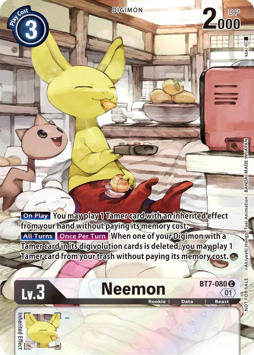 A Digimon card titled "Neemon [BT7-080] (2nd Anniversary Frontier Card) [Next Adventure Promos]" features a yellow creature with long ears resembling a small dinosaur. The character, wearing a red scarf, is in a kitchen setting holding a plushy in its left arm. Part of the Next Adventure Promos, this level 3 rookie Digimon's abilities activate when played or during turns.