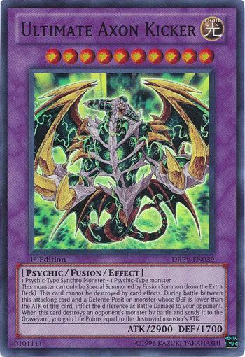 A Yu-Gi-Oh! trading card titled "Ultimate Axon Kicker [DREV-EN039] Super Rare." The card has purple borders and features an armored, dragon-like creature with green and yellow coloring. Card text details its Psychic fusion/effect monster attributes. The attack and defense stats are ATK/2900 and DEF/1700, respectively.
