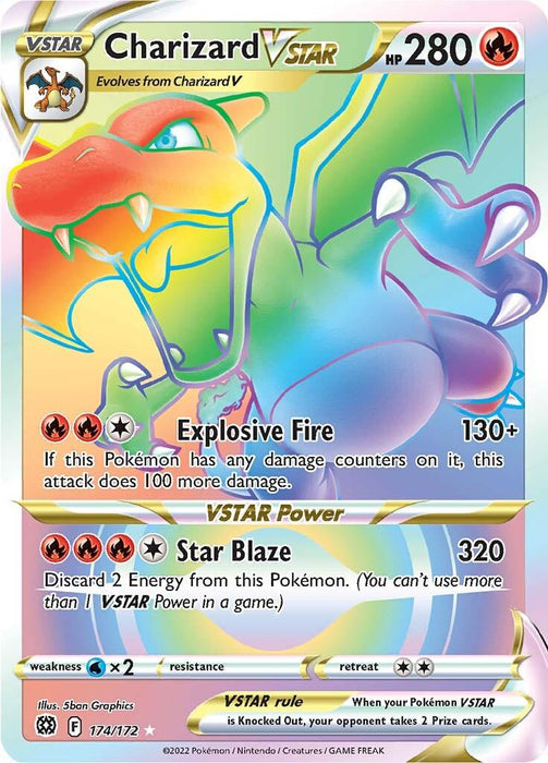 A Charizard VSTAR (174/172) [Sword & Shield: Brilliant Stars] Pokémon card from the Sword & Shield: Brilliant Stars series with 280 HP. The card features an illustration of Charizard surrounded by flames. It has two attack moves: "Explosive Fire," which deals 130+ damage, and "Star Blaze," which deals 320 damage. This holographic Secret Rare boasts vibrant colors and detailed graphics.