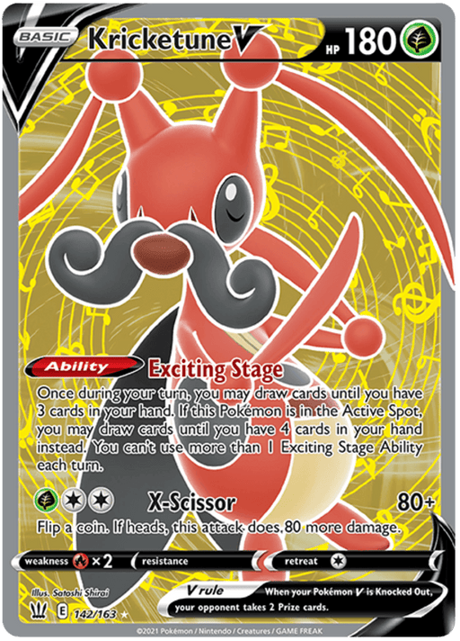 The image is an Ultra Rare Pokémon trading card featuring Kricketune V (142/163) [Sword & Shield: Battle Styles] with 180 HP. It is a red, bug-like creature with a large mustache and yellow markings. The card showcases its abilities: "Exciting Stage" and "X-Scissor." It has a basic bug type and is number 142 out of 163 from the Battle Styles series.