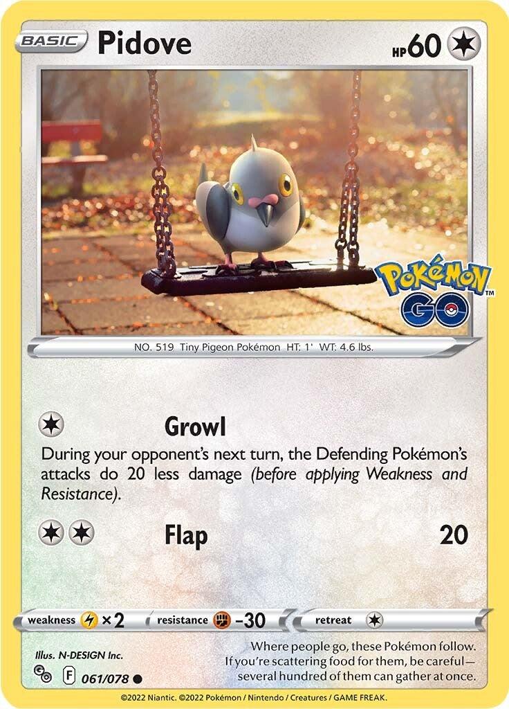 An illustrated Pokémon card featuring Pidove (061/078) [Pokémon GO] by Pokémon, a small gray pigeon Pokémon, perched on a city fence. This Common Colorless card's text details two moves: 