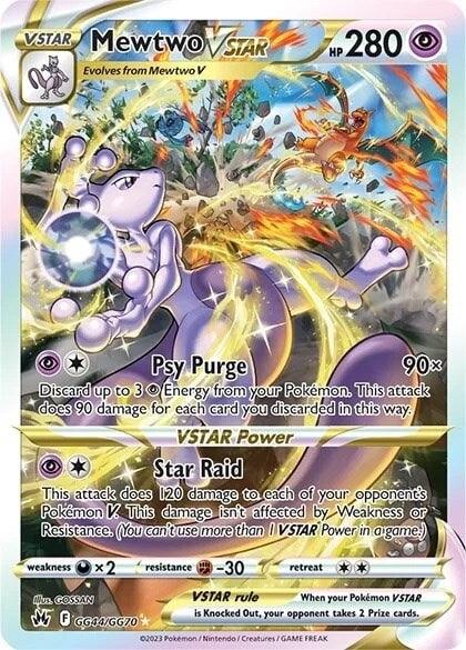 A Pokémon trading card featuring Mewtwo VSTAR (GG44/GG70) [Sword & Shield: Crown Zenith] from the Sword & Shield: Crown Zenith set. This Secret Rare card boasts 280 HP and two attacks: Psy Purge, which deals 90x damage, and Star Raid, dealing 120 damage to each of the opponent's Pokémon V. The card shines with holographic effects and a powerful Mewtwo image from Pokémon.