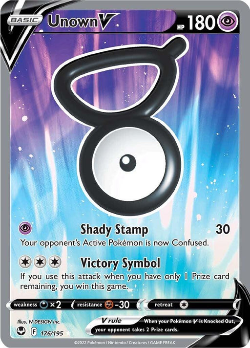 A Pokémon trading card featuring the Ultra Rare Pokémon Unown V (176/195) [Sword & Shield: Silver Tempest] from the Sword & Shield series. The card has 180 HP and showcases an image of Unown, resembling a black and white eye against a colorful, cosmic background. Part of the Silver Tempest set, it features moves "Shady Stamp" and "Victory Symbol" with various details and illustrations.