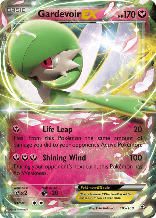 A Pokémon trading card featuring Gardevoir EX (105/160) [XY: Primal Clash] from the Pokémon series. This Ultra Rare card showcases Gardevoir in an action pose with pink and green accents. With 170 HP, it includes moves like Life Leap, which heals damage, and Shining Wind, which removes weaknesses temporarily. The card is number 105 out of 160.