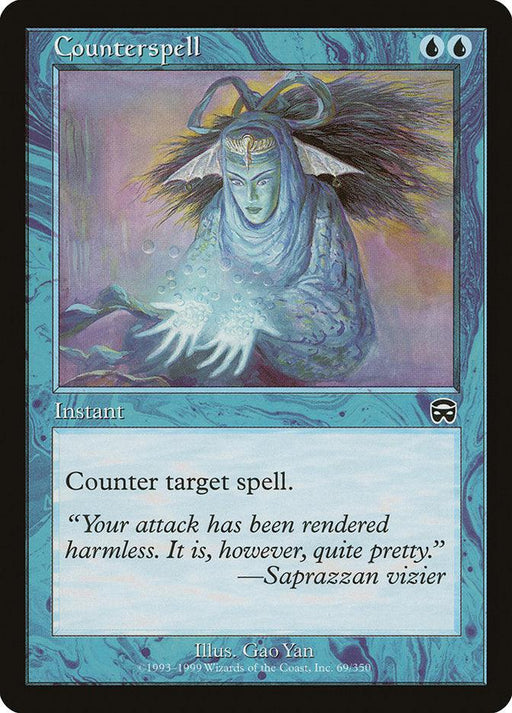 The image depicts a Magic: The Gathering card named Counterspell [Mercadian Masques] from the Mercadian Masques set. The card is blue with an illustration of a robed figure casting a spell. This instant reads, "Counter target spell." The flavor text says, "Your attack has been rendered harmless. It is, however, quite pretty. —Saprazzan vizier.