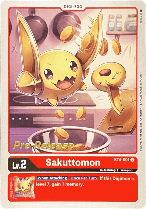 A "Sakuttomon [BT4-001] [Great Legend Pre-Release Promos]" trading card from the Digimon series. The image shows Sakuttomon, a small, round Digimon with shiny, golden wings and eyes, happily tossing cookies into the air in a kitchen scene with a mixing bowl below. Part of the Great Legend Pre-Release Promos set.