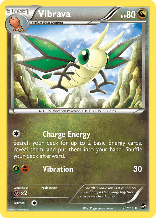 A Pokémon trading card for Vibrava (75/111) [XY: Furious Fists], an uncommon Dragon type, shows the creature with green wings and a segmented body, flying against a cloudy sky. The card displays its name, evolves from Trapinch, and has 80 HP. It features two moves: Charge Energy and Vibration. Artwork by Kagemaru Himeno. Furious Fists set card number 75/111, branded by Pokémon.