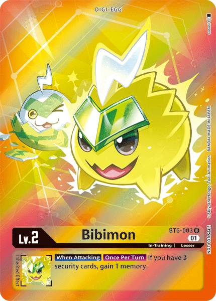 Digital card showcasing "Bibimon" from the Digimon brand, an In-Training creature with a yellow, spiked body and a green visor. The vibrant orange and yellow background draws attention to Bibimon's abilities and stats, including a special skill that activates during attacks. It is identified as "Lv. 2." This card is titled as "Bibimon [BT6-003] (Alternative Art - Box Topper) [Double Diamond].