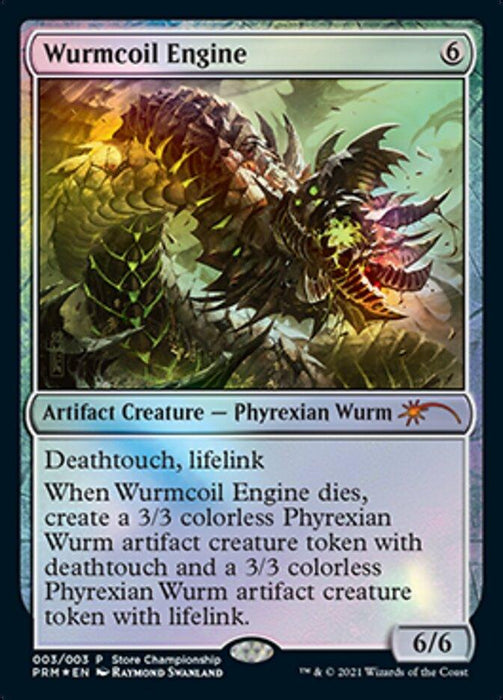 A Magic: The Gathering card named "Wurmcoil Engine [Wizards Play Network 2021]," a Mythic Artifact costing 6 mana and colored gray. Depicting a menacing, mechanical Phyrexian Wurm, it boasts deathtouch and lifelink abilities. Upon death, it creates two tokens. The card has a power and toughness of 6/6.