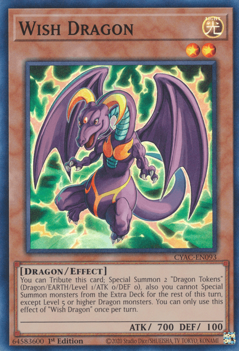 A Yu-Gi-Oh! trading card titled "Wish Dragon [CYAC-EN093] Super Rare" showcases a dragon with purple scales, a green underbelly, and sharp claws. Set against a vibrant backdrop with green flames, this Effect Monster touts ATK 700 and DEF 100. As a Dragon/Effect type, it includes special summoning abilities and restrictions in its text.