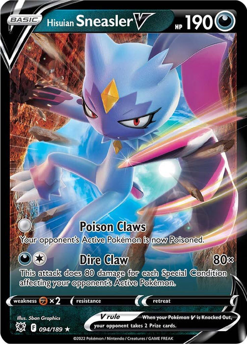 A Hisuian Sneasler V (094/189) [Sword & Shield: Astral Radiance] card from Pokémon, featuring a blue, bipedal feline-like creature with elongated claws and ears. This Ultra Rare card boasts 190 HP with attacks "Poison Claws" and "Dire Claw." The ethereal background adds charm to this entry, numbered 094/189 and illustrated by 5ban.