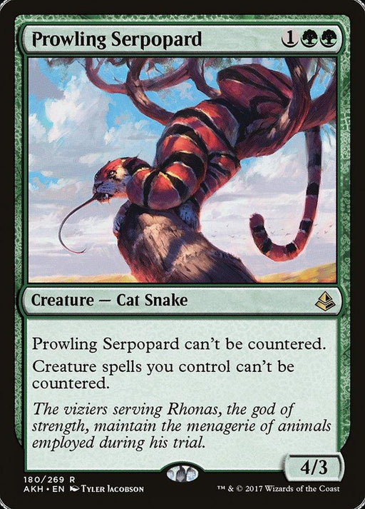 A Magic: The Gathering product named "Prowling Serpopard [Amonkhet]" from the Magic: The Gathering set. It costs 1 generic mana and 2 green mana. It's a "Creature — Cat Snake" with 4/3 power and toughness, and it and creature spells you control can't be countered. Its illustration depicts a cat-snake hybrid.
