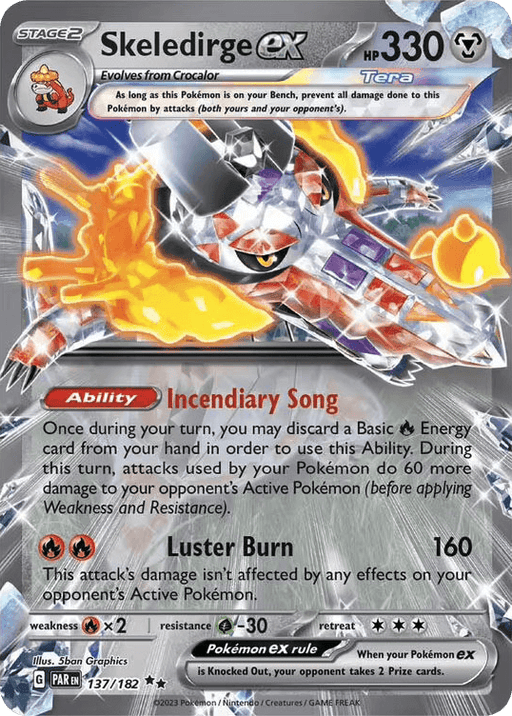 A Pokémon trading card featuring Skeledirge ex (137/182) [Scarlet & Violet: Paradox Rift]. It's a Stage 2 card with 330 HP and boasts two moves: "Incendiary Song" and "Luster Burn." The design showcases an imposing Skeledirge wreathed in flames, hinting at a Paradox Rift in the background.