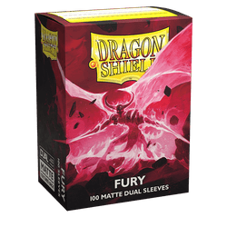 A box of Arcane Tinmen card sleeves labeled "Dragon Shield: Standard 100ct Sleeves - Fury (Dual Matte)." The predominantly red box features a fiery dragon illustration with black accents and indicates it contains 100 matte dual sleeves. The Dragon Shield logo is prominently displayed at the top, with the side reading "Dual Matte Sleeves Fury" for TCGs.