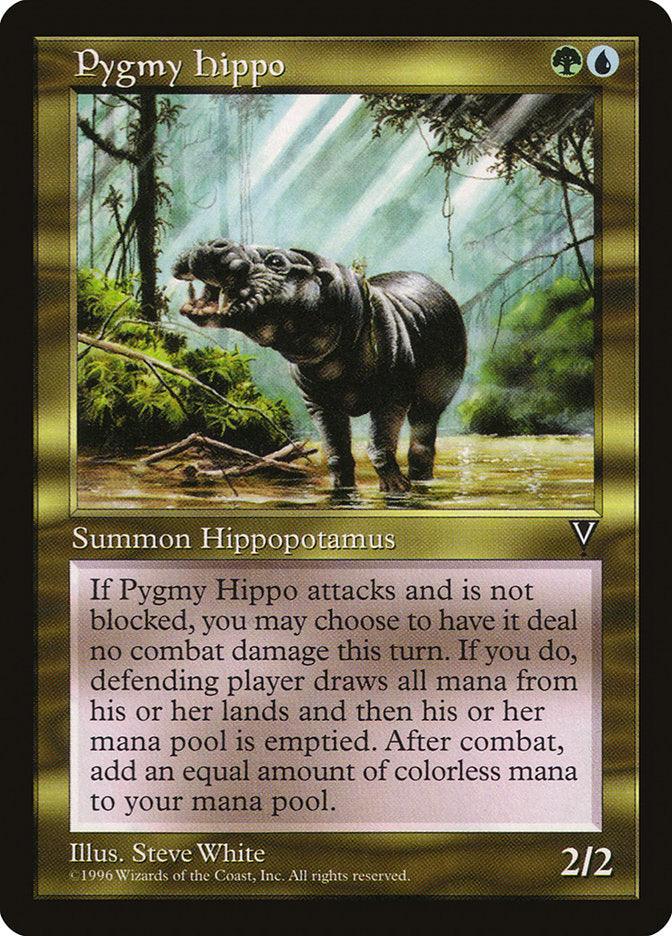 Magic: The Gathering card titled "Pygmy Hippo [Visions]." Depicts a small hippo standing in a verdant swamp under sunlight. The card text details its mana ability and effects in gameplay. At the bottom, credits the illustrator and the card's power/toughness is 2/2.