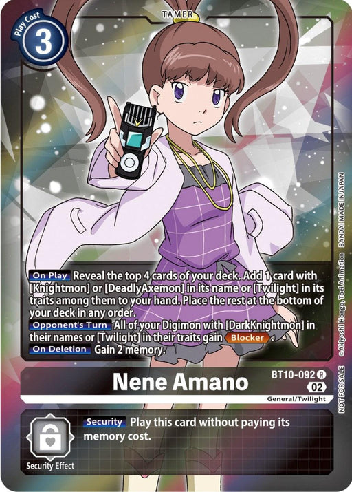 An anime-style illustration of a character named Nene Amano from the Digimon trading card game. She has brown hair tied in loops, wears a purple attire with white sleeves, and appears confident with one arm extended. This rare Tamer card, Nene Amano [BT10-092] (Box Topper) [Xros Encounter], outlines her abilities and unique gameplay effects.