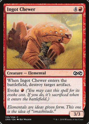 Introducing the Magic: The Gathering card "Ingot Chewer" from Ultimate Masters. This Elemental creature, with a mana cost of 4R, is a hulking, reddish four-legged entity adorned with multiple eyes and large teeth. Upon entering the battlefield, it can destroy a target artifact and also offers an optional evoke cost of R. Its stats are 3/3.