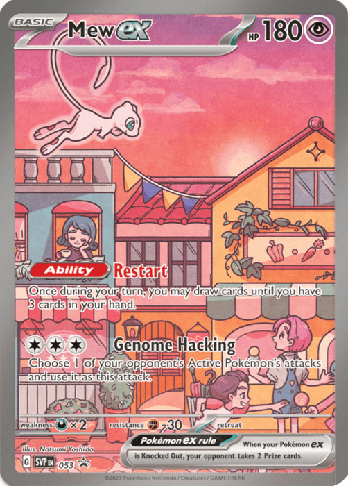 A Pokémon trading card featuring Mew ex (053) [Scarlet & Violet: Black Star Promos] from the Pokémon collection. The card shows Mew hovering over a colorful town backdrop with houses. With 180 HP, it boasts two main abilities: "Restart" and "Genome Hacking." Displayed against a predominantly pink and orange backdrop, this Psychic-type card brings Scarlet & Violet era charm to any deck.