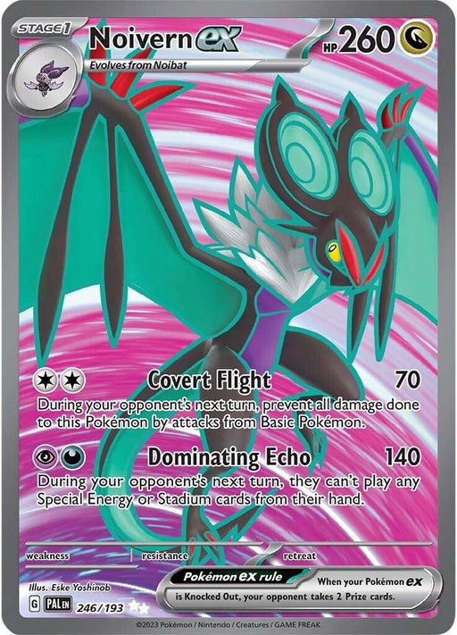 A Pokémon trading card featuring Noivern ex (246/193) [Scarlet & Violet: Paldea Evolved] from the Pokémon series. Noivern is depicted as bat-like with a green and purple color scheme, large ears, and wings. The Ultra Rare card includes stats like 260 HP and moves "Covert Flight" and "Dominating Echo." Description and additional effects are listed at the bottom.