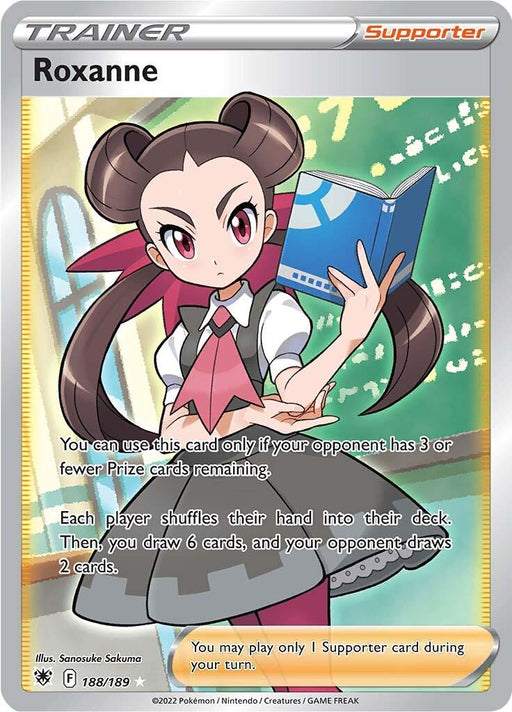 Image of an Ultra Rare Pokémon trading card featuring "Roxanne." Roxanne has dark hair styled in large twin ponytails, a red ribbon, and an expression of intense concentration. She wears a school uniform with a white blouse, grey vest, and red tie, holding an open book. The card describes her abilities and rules for play. This is the Pokémon's Roxanne (188/189) [Sword & Shield: Astral Radiance].
