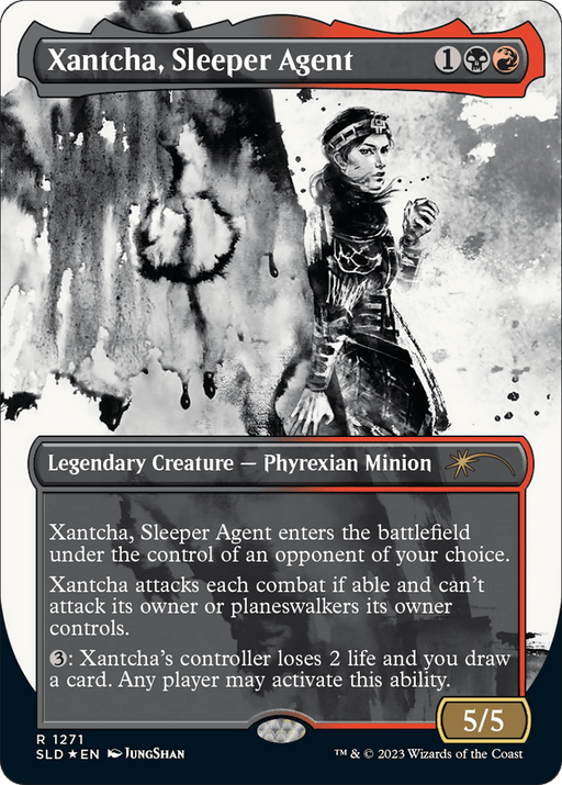 A Magic: The Gathering card featuring "Xantcha, Sleeper Agent (Halo Foil) [Secret Lair Drop Series]" from the Secret Lair Drop Series. The artwork shows a Phyrexian Minion in dark, sci-fi armor against an abstract, monochromatic background. The card details its abilities and costs 1 black and 1 red mana, with stats of 5/5 in the bottom right corner.