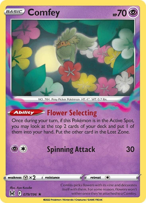 A Pokémon trading card for Comfey (079/196) [Sword & Shield: Lost Origin] from the Pokémon series. Comfey is an illustration of a small, fairy-like creature surrounded by colorful flowers with a purple background. The card displays its HP of 70, the ability "Flower Selecting," and the attack "Spinning Attack" with 30 damage. Its type is Fairy.