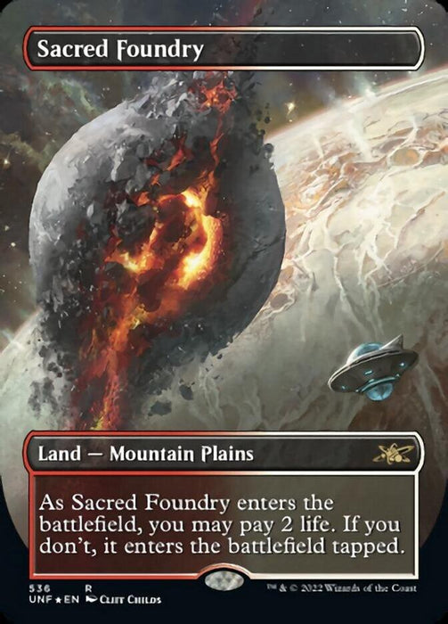 The "Sacred Foundry (Borderless) (Galaxy Foil) [Unfinity]" Magic: The Gathering card from the Unfinity set showcases an alien landscape with a massive, fiery ringed planet and a smaller moon or celestial body erupting with molten rock. A lone spaceship hovers in the foreground, while the card text details its gameplay mechanics.
