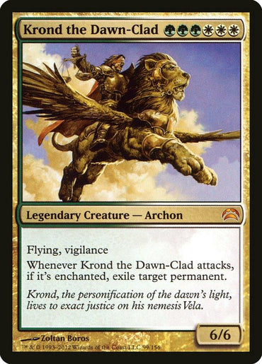 Krond the Dawn-Clad [Planechase 2012]" from Magic: The Gathering is a Legendary Creature card featuring a winged lion-mounted warrior with flying, vigilance, and the ability to exile an enchanted target permanent when attacking. It has formidable 6/6 power and toughness.