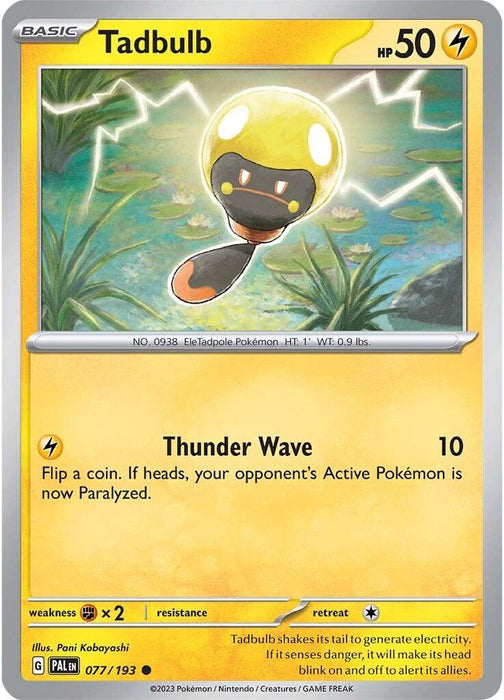 A **Pokémon** trading card featuring **Tadbulb (077/193) [Scarlet & Violet: Paldea Evolved]**, an Electric-type with 50 HP from the Scarlet & Violet series. This yellowish, tadpole-like creature with a glowing bulb on its head boasts moves like "Thunder Wave" (10 damage). The card details weakness, resistance, retreat cost, and showcases Lightning energy.