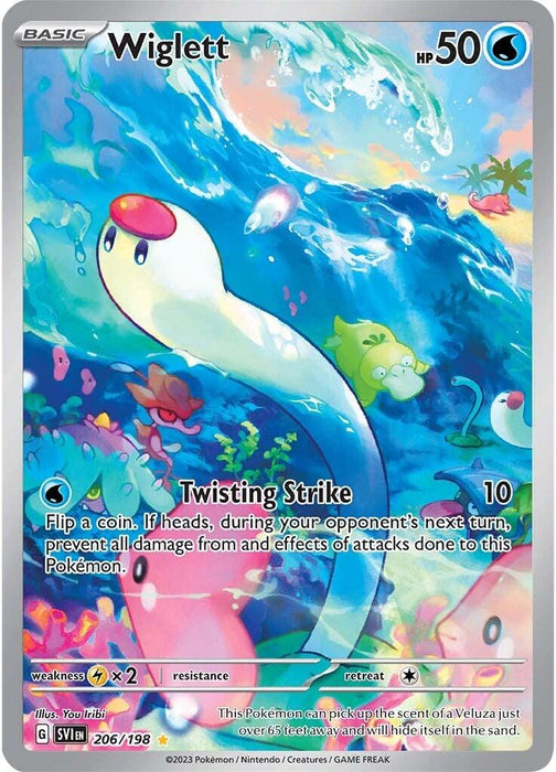 A Pokémon Wiglett (206/198) [Scarlet & Violet: Base Set] from the Scarlet & Violet series featuring Wiglett. Resembling an elongated white eel with a red nose, Wiglett is depicted underwater surrounded by colorful coral and fish. The card details include HP 50, an attack called Twisting Strike, and its weakness, resistance, and retreat cost at the bottom.

