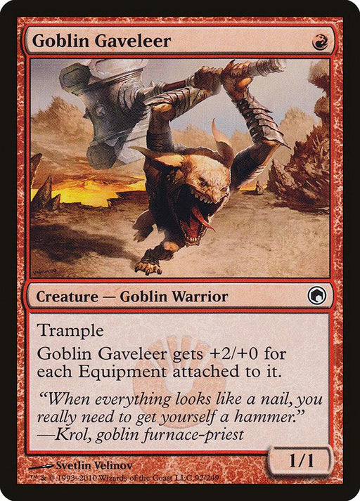 Magic: The Gathering product titled "Goblin Gaveleer [Scars of Mirrodin]". The card features a Goblin Warrior mid-leap, wielding a large hammer with a menacing expression. It has "Trample" and gains +2/+0 per attached equipment. The flavor text references Krol, a goblin furnace-priest.
