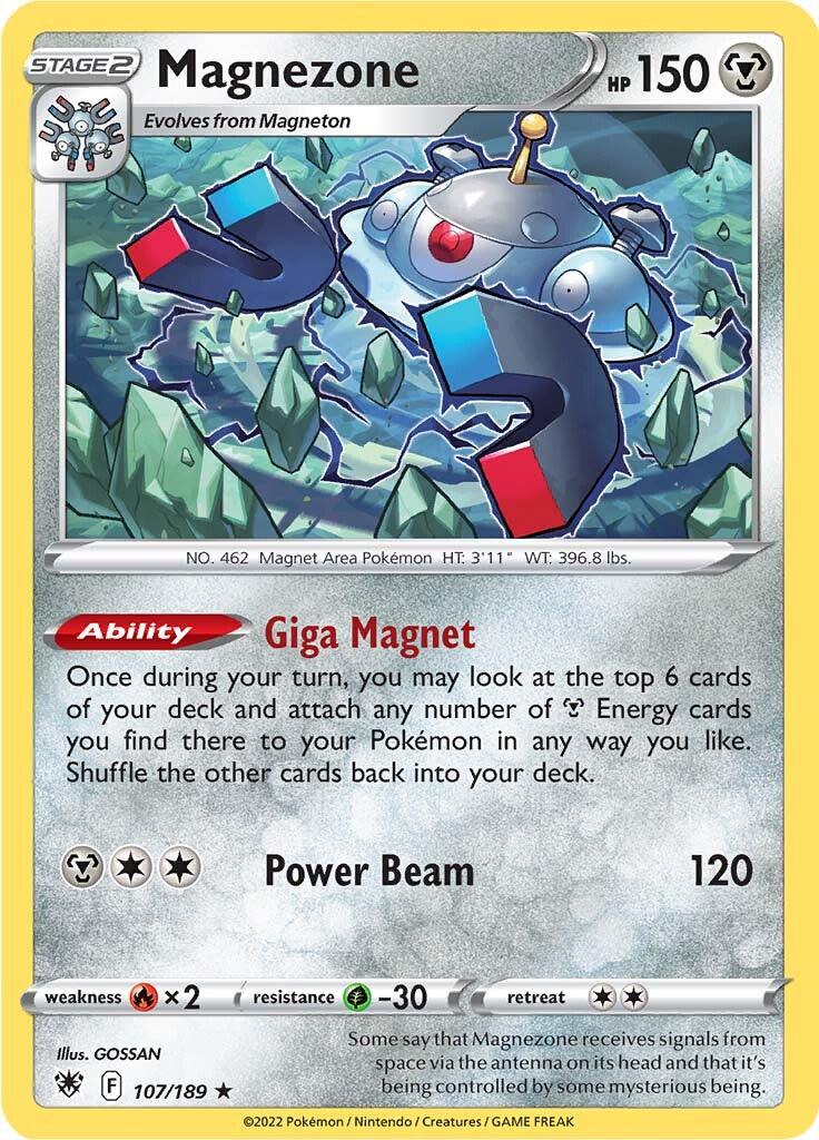 A **Magnezone (107/189) [Sword & Shield: Astral Radiance]** trading card from the Pokémon set. This Holo Rare card features an image of Magnezone, a metallic, UFO-like creature with magnets and robotic features. With 150 HP, it boasts abilities like 