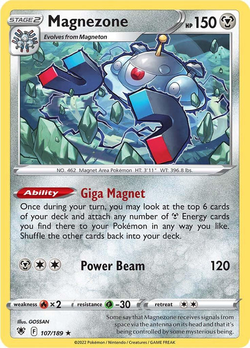 A **Magnezone (107/189) [Sword & Shield: Astral Radiance]** trading card from the Pokémon set. This Holo Rare card features an image of Magnezone, a metallic, UFO-like creature with magnets and robotic features. With 150 HP, it boasts abilities like "Giga Magnet" and a "Power Beam" attack dealing 120 damage. Weakness: ×2 Fighting, Resistance: -.
