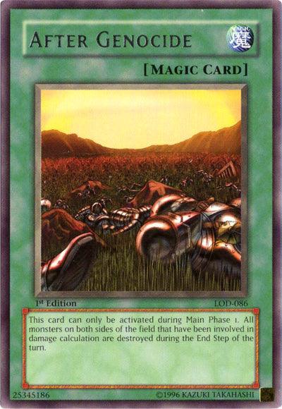 A rare Yu-Gi-Oh! card named "After Genocide [LOD-086] Rare" from the "Magic Card" category, part of the Legacy of Darkness set. The artwork depicts a battlefield with numerous fallen soldiers and weapons scattered across a grassy plain under an orange-red sky. The card text explains activation conditions and effects on monsters after battle calculations.