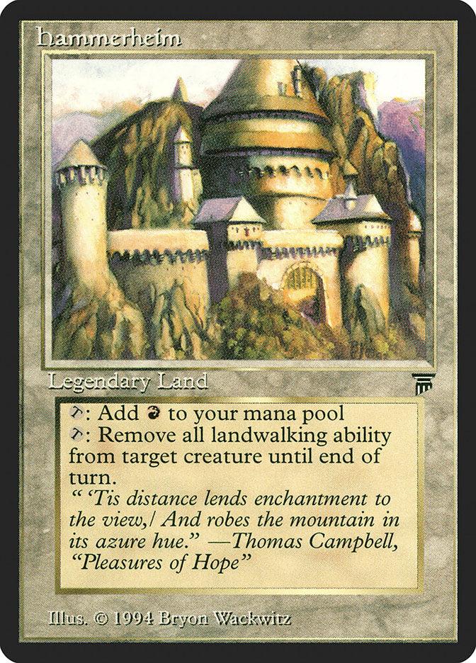 The "Hammerheim [Legends]" card from Magic: The Gathering depicts a magnificent castle with round towers and conical roofs, set against a mountain landscape. As a Legendary Land, it offers unique abilities and includes a quote by Thomas Campbell. Illustrated by Bryon Wackwitz in 1994, the card exudes an enchanting allure.