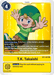 A rectangular Digimon trading card featuring a cheerful boy with light brown hair wearing a green hat and a green-striped shirt. The text reads "T.K. Takaishi." As a Tamer card, it includes game-related text and instructions, along with symbols for its functions and cost. T.K. Takaishi [BT1-087] [Release Special Booster Ver.1.0].