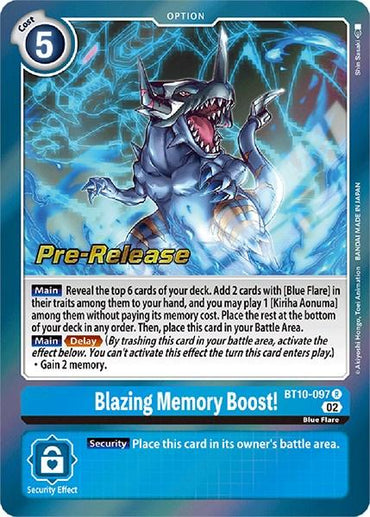 The image is a card from the Digimon trading card game. Titled "Blazing Memory Boost! [BT10-097] [Xros Encounter Pre-Release Cards]" and labeled "BT10-097," it has a play cost of 5. Featuring a fierce dragon in dynamic motion, the card details its abilities and security effect. With a blue border and an "Option" label, it's perfect for any Blue Flare deck led by Kiriha Aonuma.