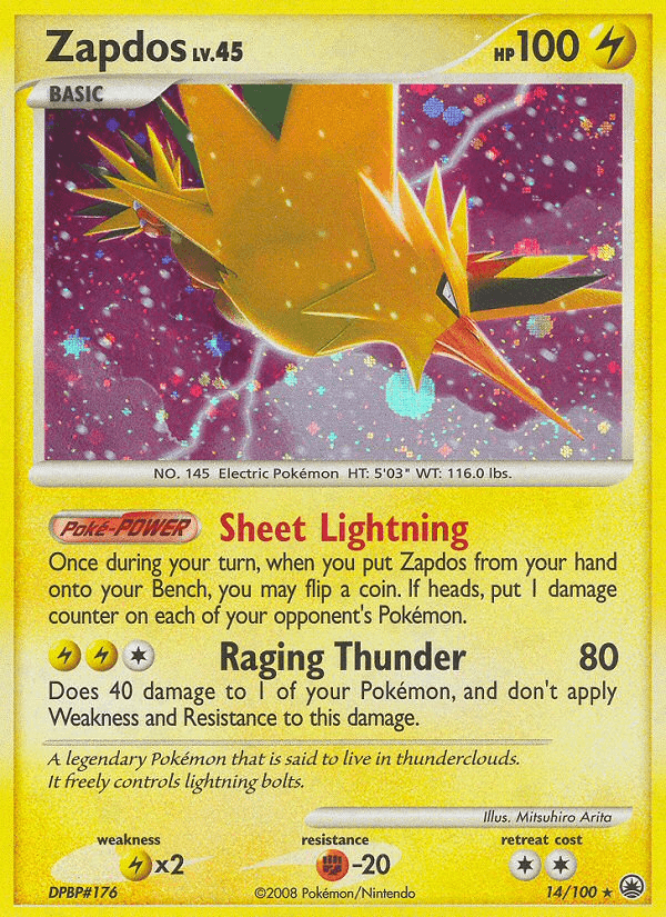 A Pokémon Zapdos (14/100) [Diamond & Pearl: Majestic Dawn] trading card from the Diamond & Pearl: Majestic Dawn series featuring Zapdos. Zapdos, a yellow, bird-like Electric Pokémon, is shown mid-flight surrounded by lightning. The card has 100 HP and includes the moves 