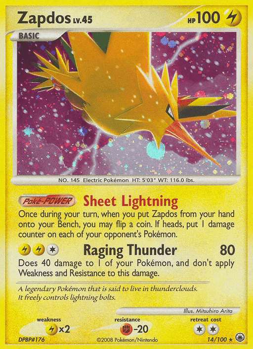 A Pokémon Zapdos (14/100) [Diamond & Pearl: Majestic Dawn] trading card from the Diamond & Pearl: Majestic Dawn series featuring Zapdos. Zapdos, a yellow, bird-like Electric Pokémon, is shown mid-flight surrounded by lightning. The card has 100 HP and includes the moves "Sheet Lightning" and "Raging Thunder." Illustrated by Mitsuhiro Arita with a card number of 14/100.