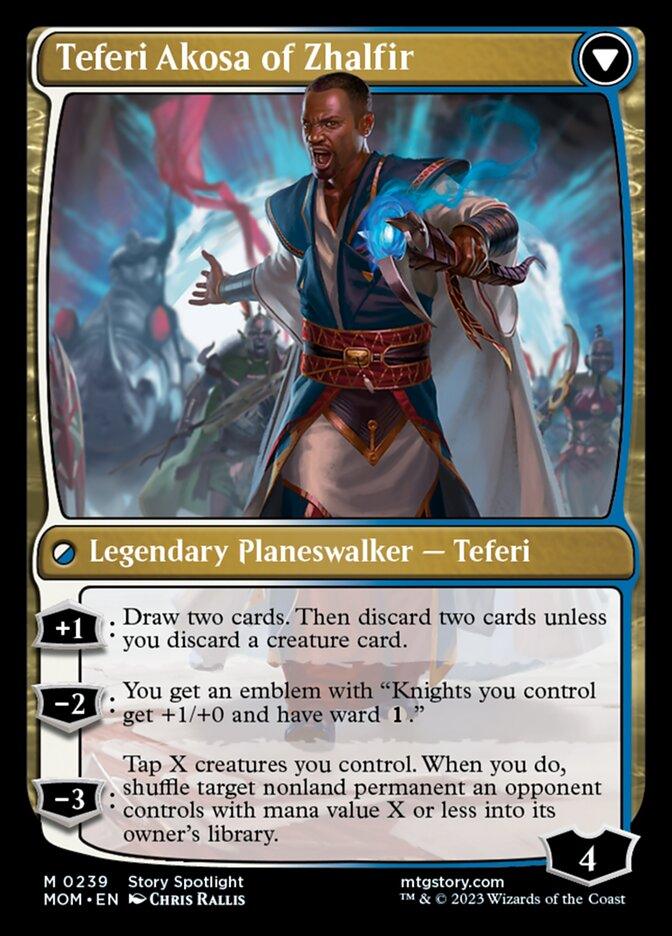 A Magic: The Gathering card featuring Invasion of New Phyrexia // Teferi Akosa of Zhalfir [March of the Machine]. Teferi, a black male planeswalker, stands commanding with a glowing blue orb in one hand. This Legendary Planeswalker Teferi card displays his abilities, mana cost, and loyalty points. Card number is MOM 0239, illustrated by Chris Rallis.