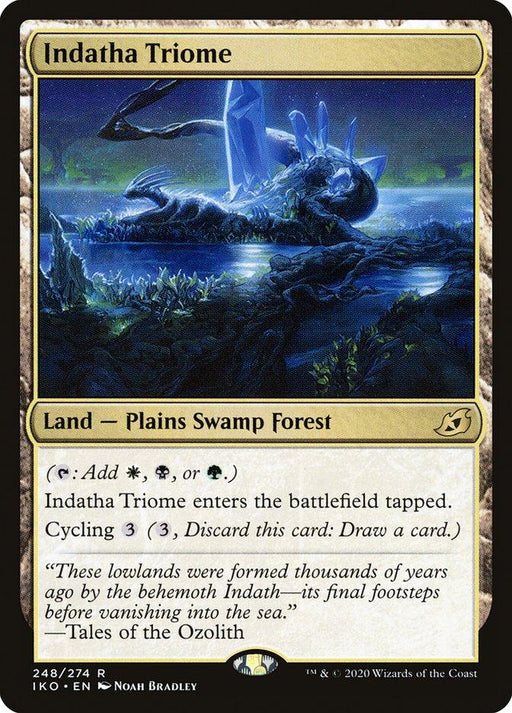 Indatha Triome [Ikoria: Lair of Behemoths] from Magic: The Gathering depicts a magical landscape with a crystalline structure and lush foliage. This Rare Land card is categorized as Land - Plains Swamp Forest. It enters the battlefield tapped, provides mana, and boasts a cycling ability.