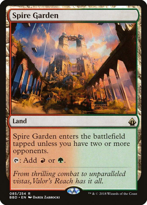 Image of the Magic: The Gathering card "Spire Garden [Battlebond]," a rare land from the Battlebond set. It features a grand castle-like structure with lush greenery, generating red or green mana. The card enters the battlefield tapped unless you have two or more opponents. Flavor text: "From thrilling combat to unparalleled vistas, Valor's Reach has it all.