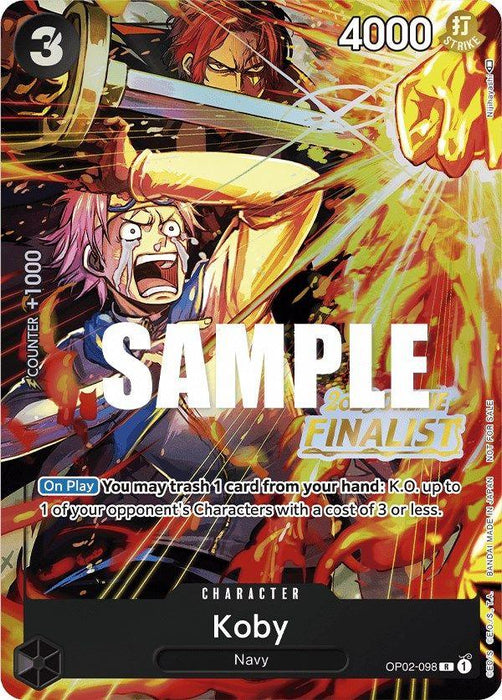 A colorful card game art of a character named Koby from the Navy faction, featured in Koby (Online Regional 2023) [Finalist] [One Piece Promotion Cards] by Bandai. The character is mid-action, screaming intensely, with sparks and dynamic lines emphasizing movement. The card displays stats: cost 3, power 4000, and features an on-play ability to discard from hand to KO opponent characters.