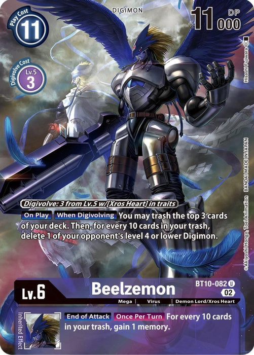 The Beelzemon [BT10-082] (Alternate Art) [Xros Encounter] Digimon card showcases a humanoid character from the Xros Heart Digi type, adorned in armor and wings, wielding a large gun. The card has a play cost of 11, 11000 DP, and is classified as level 6. Its abilities include granting extra memory when attacking based on trashed cards. The card features a purple background with detailed attack information.