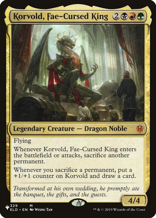 A Magic: The Gathering card featuring "Korvold, Fae-Cursed King [The List]," a Legendary Creature and Dragon Noble. The artwork depicts a fierce dragon with a humanoid figure and wings, standing in a grand hall. It has a crown and red cape. The card outlines its features, including flying and abilities triggered by sacrifices. It is a 4/4 creature.