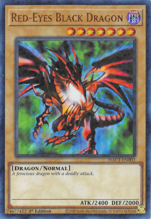 Yu-Gi-Oh! card titled "Red-Eyes Black Dragon (Duel Terminal) [HAC1-EN003] Parallel Rare." The card features a fierce black dragon with red eyes, glowing mouth, and sharp claws. With a black frame and an orange gradient background, this 8-star DRAGON/NORMAL monster boasts 2400 ATK and 2000 DEF. Part of the Hidden Arsenal: Chapter 1 collection.