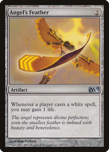 The Magic: The Gathering card "Angel's Feather [Magic 2012]" features a golden feather and costs 2 mana. As an Artifact, it bestows life with each White spell cast, adding a heavenly touch to your play.