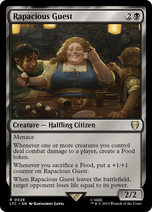 A Magic: The Gathering card titled "Rapacious Guest [The Lord of the Rings: Tales of Middle-Earth Commander]" features a joyous halfling in medieval attire, devouring a meal at a festive table. This Commander card costs 2B and has 2 power and 2 toughness. Its abilities include menace, generating tokens, and providing power boosts.